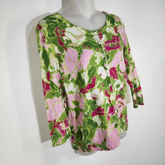 Talbots Petite Cardigan Medium Pink Green Floral 3/4 Sleeve Cotton Rayon Button - Picture 5 of 9